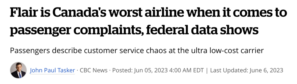 CBC article about how Flair is Canada's worst airline